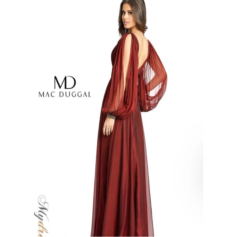 New!Mac Duggal Deep Red Long Sleeve Flowy Eleban Chiffon Gown Sz 8 - Picture 7 of 10